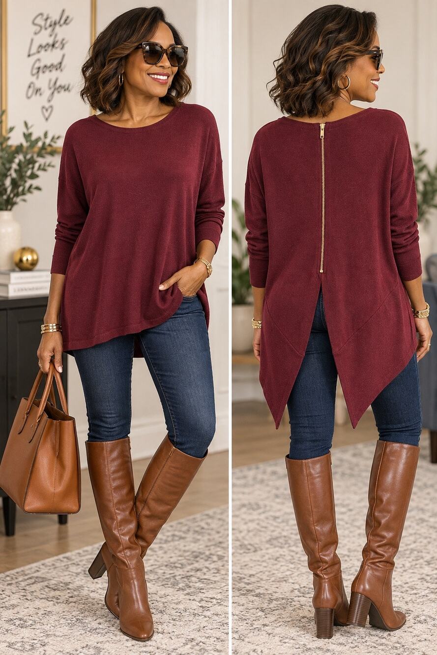 NY&Co Soho Jeans XL Burgundy Sweater Back Zip Dagger Hem Tunic
